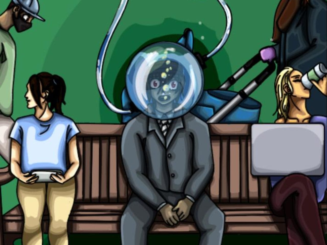 An illustrated poster. - A person sat on a bench wearing a space helmet.