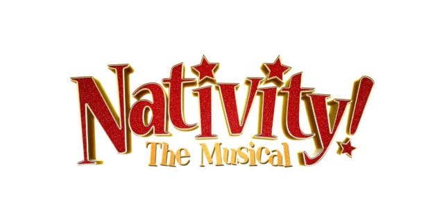 Logo for Nativity! The Musical. Nativity! Is in red glittery text, whilst 'The Musical' is in gold.