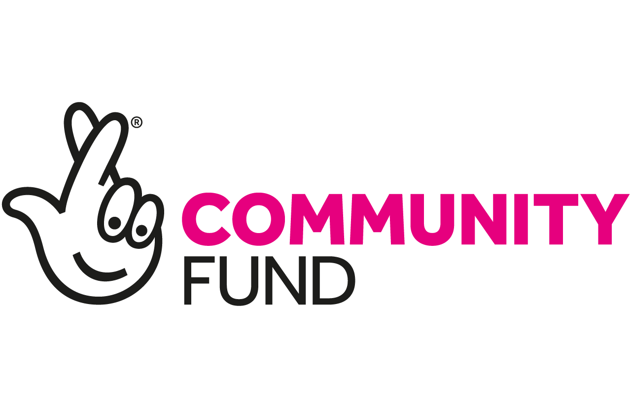 The image displays a logo with a cartoon-style crossing it's fingers. Placed to the left of the words "COMMUNITY FUND" in bold, magenta-coloured uppercase letters. The friendly and simple design suggests a focus on community and positive engagement.