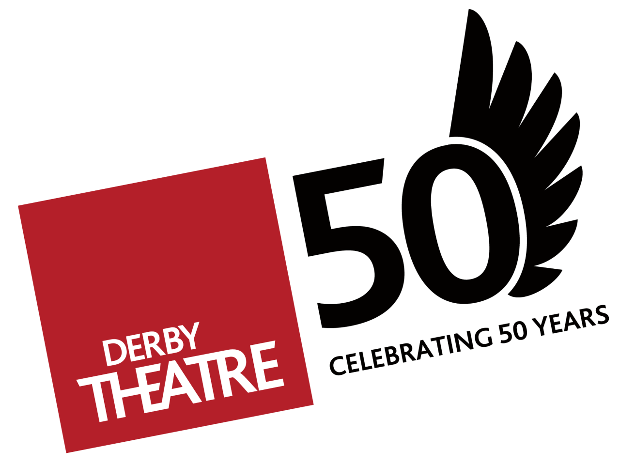 A tilted red square with the words "Derby Theatre" in bold white letters. The word "THEATRE" is capitalized and slightly overlaps the edge of the square for a dynamic effect.