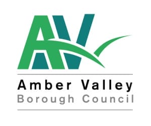 Logo of Amber Valley Borough Council, featuring bold green letters 'AV' with a stylized swoosh resembling a valley or landscape. Below, 'Amber Valley' is written in black, and 'Borough Council' appears in grey, separated by a thin horizontal line.