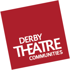Derby Theatre Communities logo featuring bold white text on a deep red background. The words “DERBY THEATRE COMMUNITIES” are stacked diagonally, with “THEATRE” in the largest font.