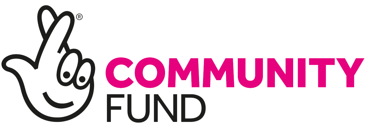 The image displays a logo with a cartoon-style crossing it's fingers. Placed to the left of the words COMMUNITY FUND in bold, magenta-coloured uppercase letters. The friendly and simple design suggests a focus on community and positive engagement.