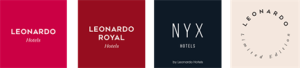 This image displays four different brand logos under the Leonardo Hotels umbrella: "LEONARDO Hotels" on a bright magenta background. "LEONARDO ROYAL Hotels" on a deep red background. "NYX HOTELS by Leonardo Hotels" in minimalist white text on a dark navy background. "LEONARDO limited edition" in a circular layout on a light beige background.