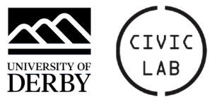 Side-by-side logos. On the left, the University of Derby logo shows three stylised black hills above the words University of Derby in bold uppercase letters. On the right, the Civic Lab logo features the words Civic Lab in block-style font inside a broken circular outline.
