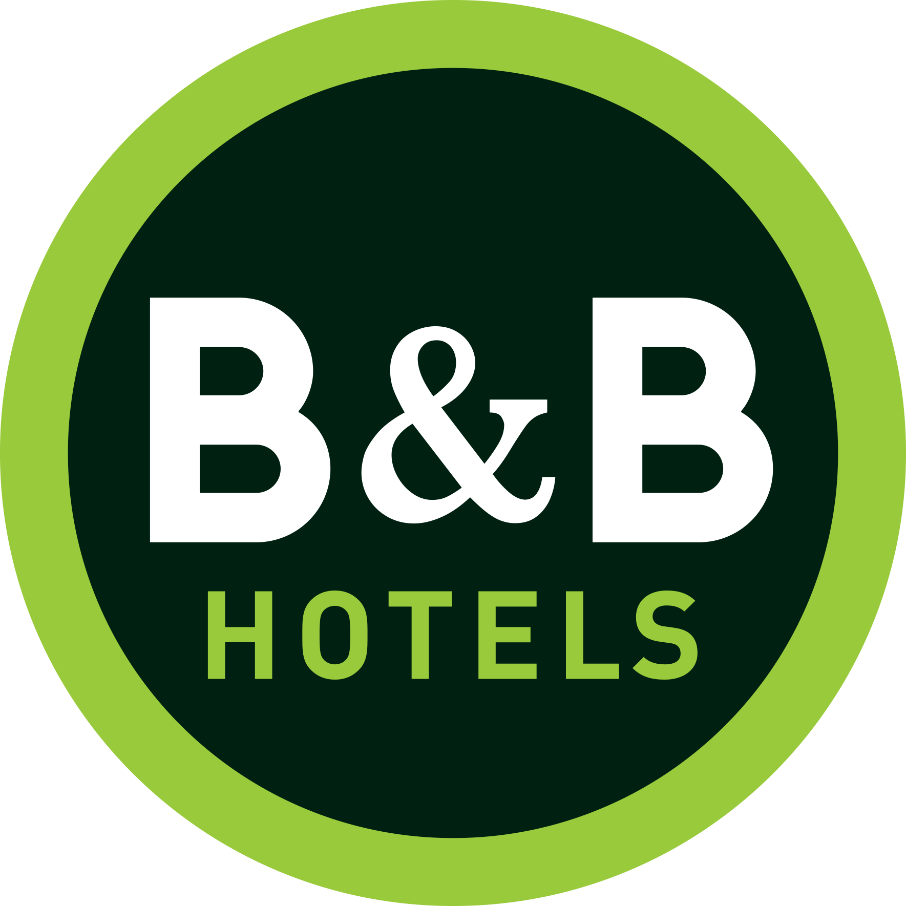 Logo of B&B HOTELS with bold white letters B & B centred above the word HOTELS in green. The design sits inside a dark green circle bordered by a thick lime green ring.